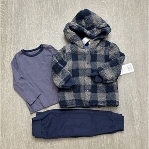 Mini B Baby Boy 12M 3-Piece Outfit Set Plaid Fuzzy Hooded Jacket Shirt Pants